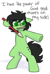 Size: 600x900 | Tagged: safe, artist:php193, oc, oc only, oc:filly anon, pony, angry, bipedal, dialogue, female, filly, frog (hoof), funny, green eyes, horn pointer, i have the power of god and anime on my side, simple background, solo, text, underhoof, white background