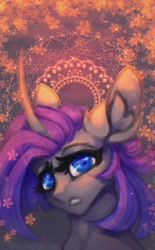 Size: 570x917 | Tagged: safe, artist:reminati_27, oc, oc only, pony, unicorn, abstract background, bust, curved horn, female, horn, mare, portrait, solo