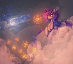 Size: 1168x1018 | Tagged: safe, artist:reminati_27, oc, oc only, pony, unicorn, chest fluff, cloud, crescent moon, female, horn, mare, moon, night, on a cloud, solo