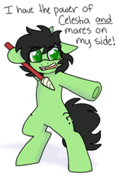 Size: 600x900 | Tagged: safe, alternate version, artist:php193, oc, oc only, oc:filly anon, earth pony, pony, angry, bipedal, dialogue, female, filly, foal, frog (hoof), funny, green eyes, horn pointer, i have the power of god and anime on my side, simple background, solo, text, underhoof, white background