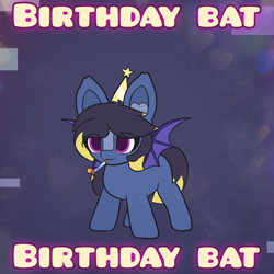 Size: 2664x2662 | Tagged: safe, artist:sodapop sprays, oc, oc only, oc:midnight breeze, bat pony, pony, birthday, hat, party hat, party horn, solo