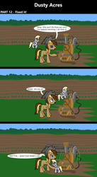 Size: 1920x3516 | Tagged: safe, artist:platinumdrop, derpy hooves, oc, oc:dusty hooves, earth pony, pegasus, pony, comic:dusty acres, series:technoverse, g4, 3 panel comic, comic, commission, female, filly, flying, foal, outdoors, speech bubble, water pump, younger