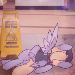 Size: 2664x2664 | Tagged: safe, artist:sodapop sprays, part of a set, derpy hooves, pegasus, pony, series:derpy can't catch a break, g4, derpy hooves is not amused, emanata, english, family guy death pose, female, frog (hoof), hoof heart, indoors, mare, mcdonald's, meme, part of a series, slipping, solo, spanish, unamused, underhoof, wet floor, wet floor sign