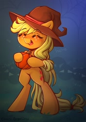 Size: 724x1024 | Tagged: safe, artist:chaosangeldesu, applejack, earth pony, pony, mlp fim's fourteenth anniversary, g4, bipedal, cute, eyes closed, female, freckles, grass, halloween, hat, holiday, jackabetes, mare, pumpkin, smiling, solo, spider web, witch hat