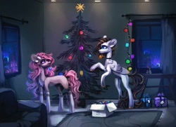 Size: 1080x780 | Tagged: safe, artist:h1mmu, artist:reminati_27, oc, oc only, pegasus, pony, unicorn, choker, christmas, christmas lights, christmas tree, city, decorating, duo, female, holiday, horn, indoors, mare, mouth hold, night, present, rearing, tree