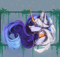 Size: 2048x1954 | Tagged: safe, artist:reminati_27, oc, oc only, pony, unicorn, bust, chest fluff, curved horn, ear fluff, female, horn, mare, neck rings, portrait, slit pupils, solo