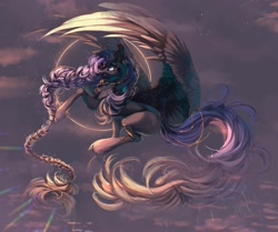 Size: 2048x1714 | Tagged: safe, artist:reminati_27, oc, oc only, pegasus, pony, braid, ear piercing, earring, female, fetlock tuft, flying, jewelry, mare, necklace, piercing, solo, spread wings, wings