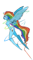 Size: 719x1280 | Tagged: safe, artist:emitnutriales, rainbow dash, human, g4, breasts, featureless breasts, female, flying, humanized, pony coloring, simple background, solo, white background, winged humanization, wings