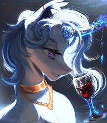 Size: 1830x2098 | Tagged: safe, artist:reminati_27, oc, oc only, oc:vasilisk floret, pony, unicorn, alcohol, bust, ear piercing, earring, glass, horn, jewelry, magic, male, necklace, piercing, portrait, solo, stallion, telekinesis, wine, wine glass