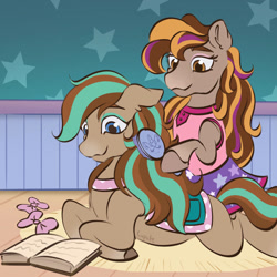 Size: 894x894 | Tagged: safe, artist:cupute, horse, alternate hairstyle, barely pony related, book, bow, cocoa (wild manes), comb, dreamer (wild manes), duo, duo female, eyeshadow, female, floppy ears, hair bow, indoors, loose hair, lying down, makeup, mare, wild manes