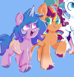 Size: 800x828 | Tagged: safe, artist:skylinepony_, izzy moonbow, pipp petals, sunny starscout, zipp storm, alicorn, earth pony, pegasus, pony, unicorn, g5, blue background, duo focus, female, horn, hug, lesbian, mare, offscreen character, race swap, ship:moonscout, shipping, simple background, sunnycorn, winghug, wings