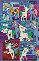 Size: 1920x2948 | Tagged: safe, artist:alexdti, oc, oc only, oc:brainstorm (alexdti), oc:purple creativity, oc:star logic, pegasus, pony, unicorn, comic:quest for friendship retold, annoyed, blue coat, bookshelf, floppy ears, green eyes, horn, indoors, male, open mouth, orange mane, orange tail, pegasus oc, purple coat, smiling, stallion, tail, talking, twilight's castle, two toned mane, two toned tail, unicorn oc, white coat