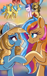 Size: 3200x5150 | Tagged: safe, artist:floralshitpost, oc, oc only, oc:fair flyer, oc:golden gates, oc:matinee, oc:soiree, pegasus, pony, unicorn, mare fair, blushing, convention, female, hat, hoof hold, horn, hot air balloon, lesbian, love, male, mare, mascot, oc x oc, shipping, stallion