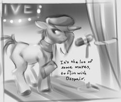 Size: 812x687 | Tagged: safe, artist:applepost67, onyx, pony, unicorn, g5, beatnik, beret, female, hair over one eye, hat, horn, mare, microphone, poem, poetry, stage, text