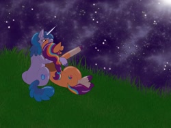 Size: 2048x1536 | Tagged: safe, artist:rinnapaws, izzy moonbow, sunny starscout, earth pony, pony, unicorn, g5, coat markings, cuddling, duo, duo female, female, horn, hug, lesbian, mane stripe sunny, mare, night, night sky, outdoors, ship:moonscout, shipping, sky, socks (coat markings), stargazing, unitober 2024