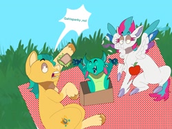 Size: 2048x1536 | Tagged: safe, artist:rinnapaws, hitch trailblazer, sparky sparkeroni, zipp storm, dragon, earth pony, pegasus, pony, g5, apple, baby, baby dragon, dialogue, female, food, male, mare, outdoors, picnic, sandwich, ship:stormblazer, shipping, stallion, straight, surprised, trio, unitober 2024