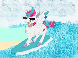 Size: 2048x1536 | Tagged: safe, artist:rinnapaws, zipp storm, pegasus, pony, g5, beach, female, mare, maretime bay, ocean, outdoors, solo, sunglasses, surfboard, surfing, unitober 2024, water, wave