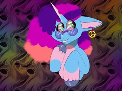 Size: 2048x1536 | Tagged: safe, artist:rinnapaws, misty brightdawn, pony, unicorn, g5, abstract background, bridlewoodstock, ear piercing, earring, female, glasses, horn, jewelry, mare, piercing, rebirth misty, solo, unitober 2024