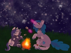 Size: 2048x1536 | Tagged: safe, artist:rinnapaws, izzy moonbow, violette rainbow, pony, unicorn, g5, campfire, camping, duo, duo female, female, filly, foal, food, glowing, glowing horn, horn, levitation, magic, mare, marshmallow, night, night sky, outdoors, sky, telekinesis, unitober 2024