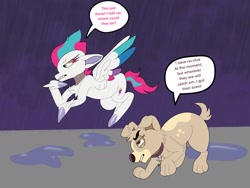 Size: 2048x1536 | Tagged: safe, artist:rinnapaws, zipp storm, dog, pegasus, pony, g5, crossover, detective zipp, dialogue, duo, female, mare, pound puppies, puddle, rain, unitober 2024