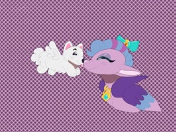 Size: 2048x1536 | Tagged: safe, artist:rinnapaws, cloudpuff, queen haven, dog, flying pomeranian, pegasus, pomeranian, pony, g5, abstract background, boop, duo, duo male and female, eyes closed, female, male, mare, noseboop, patterned background, unitober 2024, winged dog