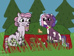 Size: 1024x768 | Tagged: safe, artist:dawnie, skye, violette rainbow, unicorn, zebra, g5, duo, duo female, eating, female, filly, foal, food, horn, looking at each other, looking at someone, outdoors, picnic, sandwich, unitober 2024, vitiligo