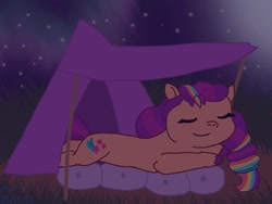 Size: 1024x768 | Tagged: safe, artist:dawnie, sunny starscout, earth pony, pony, g5, camping, female, lying down, mane stripe sunny, mare, night, night sky, outdoors, prone, sky, sleeping, solo, tent, unitober 2024