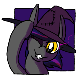 Size: 346x342 | Tagged: safe, artist:dinexistente, oc, oc:firestarter, bat pony, fangs, hat, looking at you, witch hat, ych delivery