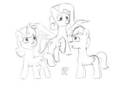 Size: 2035x1460 | Tagged: safe, artist:adamv20, glory (g5), peach fizz, seashell (g5), earth pony, pegasus, pony, unicorn, g5, doodle, female, filly, foal, grayscale, horn, monochrome, pippsqueak trio, pippsqueaks, simple background, traditional art, trio, trio female, unitober 2024, white background