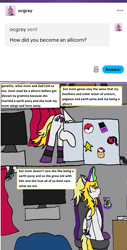 Size: 1177x2316 | Tagged: safe, artist:ask-luciavampire, oc, oc only, oc:scarlet mystic, alicorn, pony, ask, backstory, gamer, implied pony racism, mini fridge, poké ball, pokémon, super mario bros., tumblr, tumblr:ask-scarletmystic, two toned magic