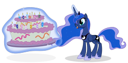 Size: 1976x978 | Tagged: safe, artist:jp, derpibooru exclusive, princess luna, alicorn, pony, mlp fim's fourteenth anniversary, g4, .svg available, cake, candle, crown, female, food, glowing, glowing horn, hoof shoes, horn, jewelry, magic, mare, regalia, simple background, solo, svg, telekinesis, tongue out, transparent background, vector