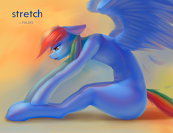 Size: 2079x1596 | Tagged: safe, artist:falses, rainbow dash, pegasus, pony, g4, cute, digital art, eyes open, female, floppy ears, gradient background, high res, looking at something, looking down, mare, shading, sketch, solo, spread legs, spread wings, spreading, stretching, thighs, wings