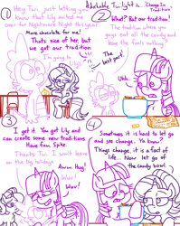 Size: 4779x6013 | Tagged: safe, artist:adorkabletwilightandfriends, spike, starlight glimmer, twilight sparkle, alicorn, dragon, pony, unicorn, comic:adorkable twilight and friends, g4, acceptance, adorkable, adorkable twilight, bowl, candy, comic, cute, dork, family, female, food, horn, humor, implied lily valley, kitchen, male, sad, silly, sitting, slice of life, table, threat, trio, twilight sparkle (alicorn), upset, wingless spike