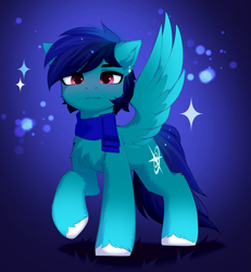 Size: 4127x4461 | Tagged: safe, alternate character, alternate version, artist:empress-twilight, oc, oc only, oc:northstar, pegasus, pony, cheek fluff, chest fluff, clothes, commission, ear fluff, eye clipping through hair, eyebrows, eyebrows visible through hair, looking at you, male, pegasus oc, raised hoof, scarf, solo, sparkles, spread wings, stallion, tail, unshorn fetlocks, wings, ych result