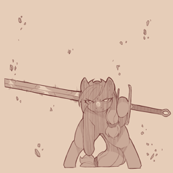 Size: 1200x1200 | Tagged: safe, artist:cold-blooded-twilight, applejack, earth pony, pony, series:pone at arms, g4, aura, bipedal, frown, glowing, glowing eyes, monochrome, sketch, solo, spread legs, spreading, sword, weapon, zweihander