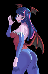 Size: 2600x4000 | Tagged: safe, artist:tzc, twilight sparkle, human, equestria girls, g4, g4.5, ass, black background, butt, clothes, cosplay, costume, darkstalkers, halloween, halloween costume, holiday, lilith aensland, open mouth, simple background, twibutt