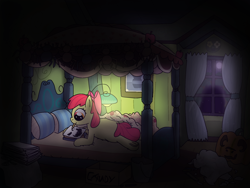 Size: 2000x1500 | Tagged: safe, artist:hach, apple bloom, earth pony, ghost, pony, spider, undead, g4, bed, bedroom, blanket, box, bucket, cardboard box, cloth, curtains, decoration, drawing, dust motes, female, filly, foal, garland, halloween, holiday, indoors, jack-o-lantern, lamp, lying down, marker, moonlight, mouth hold, paper, pen, pencil, pillow, prone, pumpkin, room, ruler, scissors, solo