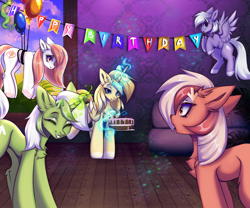 Size: 3600x3000 | Tagged: safe, artist:mysha, oc, oc only, oc:comment, oc:downvote, oc:favourite, oc:hide image, oc:upvote, alicorn, earth pony, pegasus, pony, unicorn, derpibooru, alicorn oc, balloon, birthday, birthday cake, cake, derpibooru ponified, earth pony oc, female, flying, food, garland, horn, indoors, mare, meta, pegasus oc, ponified, surprised, unicorn oc, wings