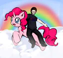 Size: 1208x1109 | Tagged: safe, anonymous artist, pinkie pie, human, pony, unicorn, g4, barneyfag, blank flank, blushing, cloud, duo, facial hair, female, flying, happy, horn, male, mare, moustache, race swap, rainbow, riding, riding a pony, smiling, unicorn pinkie pie, wat