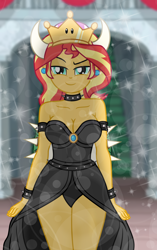 Size: 4932x7830 | Tagged: safe, artist:emeraldblast63, sunset shimmer, human, equestria girls, g4, bare shoulders, bowsette, breasts, busty sunset shimmer, cleavage, clothes, cosplay, costume, crossover, female, indoors, legs together, sleeveless, solo, stupid sexy sunset shimmer, super crown, super mario