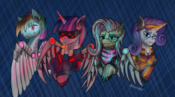 Size: 6302x3508 | Tagged: safe, artist:kirieshka, fluttershy, rainbow dash, rarity, twilight sparkle, alicorn, pegasus, pony, unicorn, g4, abstract background, amputee, artificial wings, augmented, clothes, cyberpunk, cyberpunk 2077, eye implant, female, goggles, headphones, headset, horn, implants, mechanical wing, multicolored mane, neon, prosthesis, prosthetic limb, prosthetics, safety goggles, visor, wings