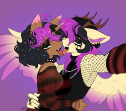 Size: 3313x2933 | Tagged: safe, artist:tomi_ouo, oc, oc only, oc:donut daydream, oc:purple wingshade, deer, hybrid, original species, pegasus, unicorn, anthro, antlers, beanie, black mane, breasts, brown eyes, chains, choker, clothes, colored wings, donut, ear piercing, eyeliner, eyeshadow, female, fishnet clothing, food, freckles, goth, green eyes, hat, horn, jewelry, makeup, male, multicolored hair, multicolored wings, nail polish, necktie, oc x oc, open mouth, piercing, purple mane, ring, shipping, sideboob, sleeveless, sprinkles, straight, tank top, tongue out, tongue piercing, tongue play, waist grab, wings