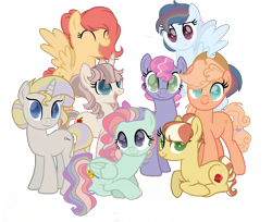 Size: 1764x1441 | Tagged: safe, artist:rachels-art1, oc, oc only, oc:candy apple, oc:cotton candy, oc:crystal apple, oc:dove, oc:honey, oc:pastel, oc:peaches, oc:prism, earth pony, pegasus, pony, unicorn, base used, colored pupils, cowboy hat, eyes closed, female, flying, folded wings, group, hat, horn, looking at you, lying down, magical lesbian spawn, mare, next generation, offspring, open mouth, open smile, parent:applejack, parent:big macintosh, parent:flim, parent:fluttershy, parent:pinkie pie, parent:pokey pierce, parent:rainbow dash, parent:rarity, parent:soarin', parent:trenderhoof, parents:applepie, parents:flimjack, parents:flutterdash, parents:fluttermac, parents:pokeypie, parents:rarijack, parents:soarindash, parents:trenderity, prone, simple background, smiling, smiling at you, spread wings, stetson, transparent background, wings