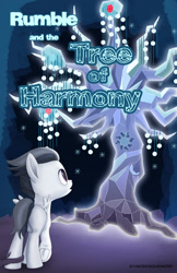 Size: 1989x3072 | Tagged: safe, artist:anonymousandrei, derpibooru exclusive, rumble, tree of harmony, pegasus, pony, comic:rumble and the tree of harmony, g4, blank flank, colt, comic cover, cover, cover art, foal, male, tree branch, underhoof