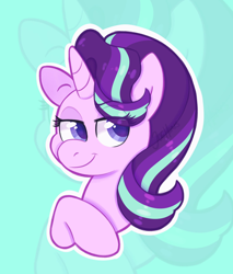 Size: 1468x1720 | Tagged: safe, artist:sinnocturnal, starlight glimmer, pony, unicorn, g4, bust, eye clipping through hair, female, green background, horn, looking at you, mare, portrait, simple background, smiling, solo, zoom layer