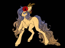 Size: 1080x794 | Tagged: safe, alternate version, artist:reminati_27, oc, oc only, earth pony, pony, black background, braid, braided tail, ear piercing, earring, female, flower, flower in hair, jewelry, mare, piercing, simple background, solo, tail