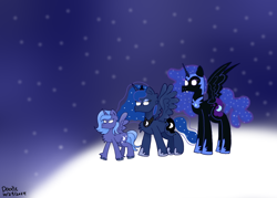 Size: 640x457 | Tagged: safe, artist:doodle-doodie-doo, nightmare moon, princess luna, alicorn, pony, mlp fim's fourteenth anniversary, g4, chest fluff, fangs, glowing, glowing eyes, lunar trinity, moon, s1 luna, space, trio