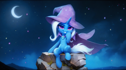 Size: 2240x1248 | Tagged: safe, ai assisted, ai content, prompter:aixb, trixie, unicorn, my little pony the movie: the death of twilight sparkle, g4, cape, clothes, crescent moon, hat, horn, looking at you, moon, night, outdoors, sitting, sitting on rock, smiling, smirk, smug, stars, tail, touching face, trixie's cape, trixie's hat, wind, windswept tail