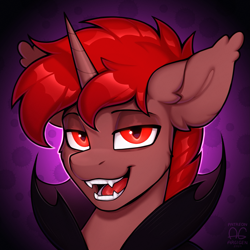 Size: 2265x2265 | Tagged: safe, alternate version, artist:argigen, oc, oc:hardy, alicorn, bat pony, pony, undead, vampire, bust, cloak, clothes, cosplay, costume, ear fluff, fangs, halloween, halloween costume, high res, holiday, looking at you, male, open mouth, portrait, race swap, solo, stallion