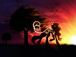 Size: 1080x815 | Tagged: safe, artist:reminati_27, oc, oc only, bird, pony, commission, female, mare, outdoors, silhouette, sunset, tree